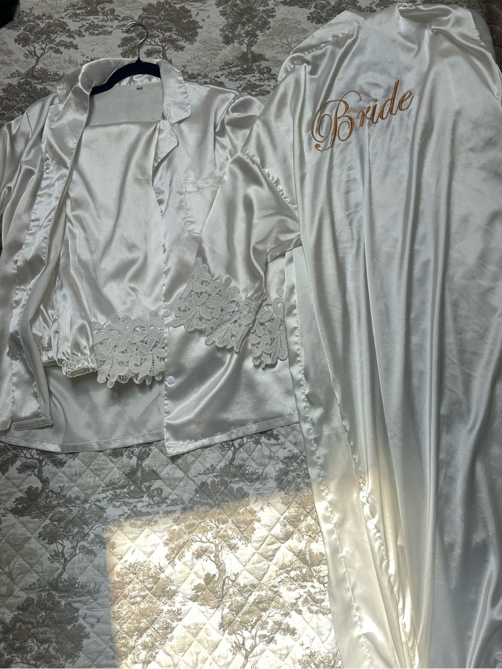Bride Satin Robe and Lace Pajama Set - Ivory